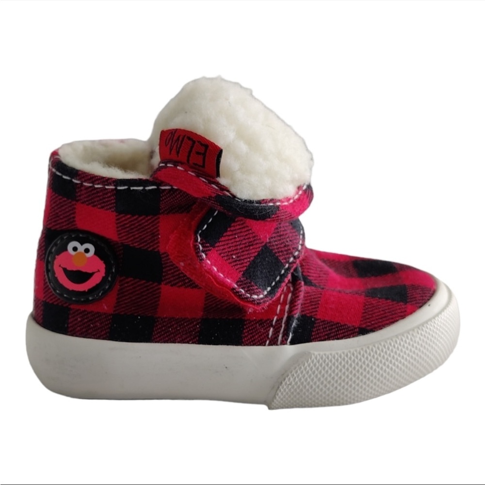 Sesame Street Elmo Buffalo plaid Cozy Velcro Boots Red size 4